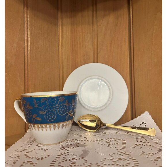 Vintage Teal Blue Gold Mismatched Teacup Saucer Gold Spoon MZ Czechoslovakia - Picture 2 of 10